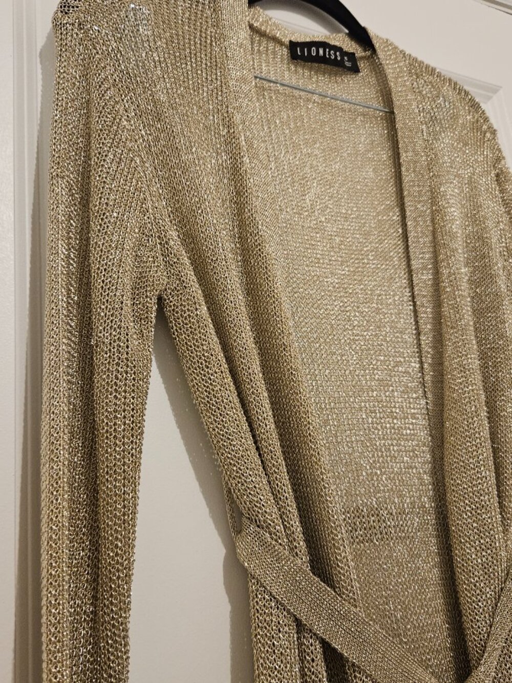 Lioness Gold Metallic Open-Knit Cardigan Size XS — Tie Waist  Sheer Going Out - Picture 2 of 5